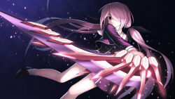 1girl black_shoes breasts buttons chaos;child d-sword dress floating_hair frown hair_over_one_eye hekiho_academy hekiho_academy_school_uniform holding holding_sword holding_weapon huge_weapon jacket light_particles loafers long_hair looking_to_the_side minamisawa_senri pink_hair ribbon school_uniform serious shoes small_breasts socks solo sword taba_neruko thighs twintails v-shaped_eyebrows very_long_hair weapon white_socks