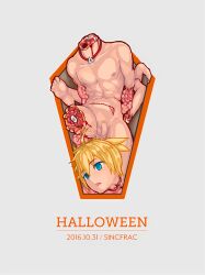 1boy 2016 ahoge amputation amputee bad_tag barefoot belly bleeding blonde_hair blood blood_on_body blue_eyes collar commission completely_nude corpse death decapitated_head decapitation disembodied_arm disembodied_head disembodied_leg empty_eyes ero_guro guro halloween intestines kagamine_len male_focus muscular muscular_child muscular_male navel nude open_mouth penis pixiv_commission severed_head shota sinc snuff solo testicles vocaloid