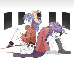 1boy 1girl black_shirt blue_hair cape from_side green_eyes high_ponytail jacket joeri_(yu-gi-oh!) long_hair medium_hair miniskirt pants ponytail profile purple_hair red_cape red_jacket serena_(yu-gi-oh!) shirt simple_background sitting skirt toraawa64 white_background white_pants white_skirt yu-gi-oh! yu-gi-oh!_arc-v