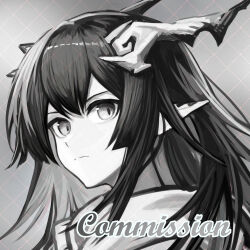 1girl colorless commission floating_hair greyscale high-waist_skirt highres horns long_hair monochrome mranz4869 nine_(arknights) portrait skirt slit_pupils