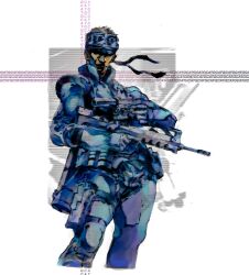 1boy assault_rifle bandana belt brown_hair bullpup famas from_below gun h&amp;k_mark_23 handgun headband highres holding holding_gun holding_weapon holster looking_to_the_side metal_gear_(series) metal_gear_solid night_vision_device official_art rifle rocket_launcher shinkawa_youji short_hair sneaking_suit solid_snake thigh_holster utility_belt weapon weapon_on_back