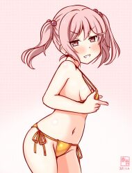 Rule 34 | 1girl, alternate costume, artist logo, bikini, breasts, cowboy shot, dated, gold bikini, gradient background, hair bobbles, hair ornament, kanon (kurogane knights), kantai collection, logo, looking at viewer, medium breasts, navel, one-hour drawing challenge, parted lips, pink background, pink eyes, pink hair, sazanami (kancolle), side-tie bikini bottom, small breasts, solo, swimsuit, v-shaped eyebrows