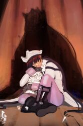 1girl black_boots black_gloves boots closed_mouth commentary english_commentary ephemer_(kingdom_hearts) gloves hair_over_one_eye hat highres hugging_object jacket kingdom_hearts kingdom_hearts_missing-link kwoojii long_hair long_sleeves looking_at_viewer one_eye_covered pants player_character_(kingdom_hearts_missing-link) purple_pants shadow signature sitting solo statue very_long_hair white_eyes white_hat white_jacket