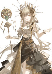 1girl :d absurdres ambience_synesthesia arknights asymmetrical_sleeves black_skirt blonde_hair commentary cowboy_shot elf english_commentary highres layered_skirt long_hair looking_at_viewer luozhou_pile mole mole_under_eye muelsyse_(arknights) muelsyse_(golden_reverie)_(arknights) official_alternate_costume open_mouth pointy_ears shirt simple_background sketch skirt smile solo staff standing star_(symbol) uneven_sleeves very_long_hair white_background white_shirt yellow_eyes