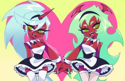 2girls absurdres alternate_costume apron aqua_hair aqua_nails artist_name black-framed_eyewear black_dress black_headband breasts colored_skin demon_girl demon_horns detached_collar dress earrings enmaided glasses green_eyes green_hair green_nails headband heart highres horns jewelry kneesocks_(psg) large_breasts maid maid_apron medium_breasts multiple_girls nail_polish panty_&amp;_stocking_with_garterbelt red_skin scanty_(psg) semi-rimless_eyewear siblings single_horn sisters slit_pupils smile spaicydonut thighhighs white_thighhighs white_wrist_cuffs wrist_cuffs yellow_background yellow_eyes