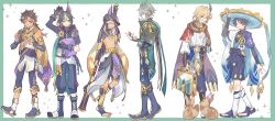 6+boys alhaitham_(genshin_impact) animal border crimson_fox_(genshin_impact) cyno_(genshin_impact) fennec_fox full_body genshin_impact green_border highres kaveh_(genshin_impact) lineup male_focus multiple_boys scaramouche_(genshin_impact) sethos_(genshin_impact) side-by-side standing sunsan_999 tighnari_(genshin_impact) walking wanderer_(genshin_impact) white_background