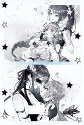 Rule 34 | 2girls, alternate costume, animal ears, armlet, artist self-insert, bare shoulders, belt, bite mark, blindfold, blunt bangs, blush, braid, breasts, censored, chain, chained, chinese commentary, choker, cleavage cutout, closed mouth, clothing cutout, collarbone, commission, commissioner insert, couple, crop top, crying, crying with eyes open, dress, fake animal ears, fingerless gloves, from above, genshin impact, glasses, gloves, hair between eyes, hair ornament, hair over shoulder, hair ribbon, head tilt, high ponytail, highres, implied sex, implied yuri, incoming kiss, jewelry, large breasts, leaning, leaning back, leaning forward, leaning on person, light smile, lipstick mark, long braid, long hair, looking at another, looking down, looking up, lying on person, mole, mole under eye, monochrome, mosaic censoring, multiple girls, oc x canon, off shoulder, open mouth, original, partially colored, ponytail, raiden shogun, red eyes, ribbon, saliva, saliva trail, sideboob, single braid, sleeveless, standing, sweat, tears, tongue, tongue out, wavy hair, yilinglaozu121, yuri