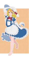 Rule 34 | 1girl, :d, apron, back bow, bare legs, barefoot, blonde hair, blue dress, bow, bowtie, commentary request, dress, elbow gloves, frilled apron, frilled dress, frills, full body, gloves, hat, hat bow, highres, kana anaberal, medium hair, open mouth, puffy short sleeves, puffy sleeves, red bow, red bowtie, shizuku hky, short sleeves, smile, solo, sun hat, toes, touhou, touhou (pc-98), waist apron, waist bow, white apron, white bow, white gloves, white hat, yellow eyes