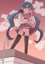 1girl :o black_thighhighs blue_hair blunt_bangs bow bow_panties braid brown_eyes brown_skirt chuunibyou cloud commentary_request commission dot_nose double-parted_bangs evening from_below hand_over_eye hand_tattoo heterochromia highres long_hair long_sleeves looking_at_viewer looking_down on_roof original panties pantyshot parted_lips pixiv_commission pleated_skirt red_eyes sarada_(meaf3748) school_uniform serafuku single_braid skirt sky solo standing tattoo thighhighs twintails underwear upskirt very_long_hair white_panties white_serafuku wind wind_lift