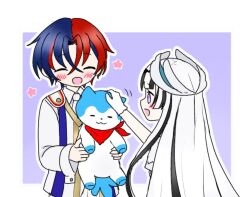 0drayveer8rlihn 1boy 1girl 1other black_hair blue_hair crossed_bangs fire_emblem fire_emblem_engage hair_ornament male_alear_(fire_emblem) multicolored_hair nintendo red_hair sommie_(fire_emblem) split-color_hair two-tone_hair veyle_(fire_emblem) wavy_hair white_hair wing_hair_ornament
