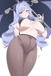 1girl absurdres ahoge arm_behind_back ascot ascot_between_breasts bare_arms bare_shoulders black_hairband black_nails black_panties black_umbrella blue_hair blush bow bowtie breast_curtains breasts breasts_apart brown_pantyhose chomu_sama commentary covered_erect_nipples covered_groin cowboy_shot drill_hair fingernails from_below hairband half-closed_eyes hand_up highleg highleg_panties highres holding holding_umbrella large_breasts long_fingernails long_hair looking_at_viewer looking_down nail_polish navel panties panties_under_pantyhose pantyhose parted_lips pointy_ears purple_bow purple_bowtie purple_umbrella red_eyes simple_background solo standing stomach symbol-only_commentary two-tone_umbrella umbrella underboob underwear very_long_hair vivian_banshee white_ascot white_background zenless_zone_zero