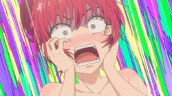 Rule 34 | 1girl, absurdres, anime screenshot, bare shoulders, blush, collarbone, dot nose, embarrassed, female focus, hair bun, highres, kanojo mo kanojo, open mouth, red hair, saki saki (kanojo mo kanojo), scared, single hair bun, solo, solo focus, teeth, tongue
