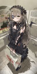 1girl bat_wings black_bow black_dress black_ribbon black_shoes blush bow breasts brown_hair detached_sleeves dress eyepatch full_body green_eyes hair_ornament hairclip hayahbyeol heart_ornament highres holding indoors long_hair looking_at_viewer poster_(object) railing ribbon shoes small_breasts socks solo viichan virtual_youtuber waktaverse white_socks wings