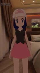 1girl 3d animated audible_music blue_eyes blue_hair breasts dawn_(pokemon) female_focus hat loli looking_at_viewer mirror music nintendo nipples nude pokemon pokemon_dppt pussy small_breasts sound v video vrchat