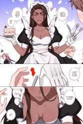 2boys 2girls alien_stage apron black_dress black_jacket black_necktie blonde_hair braid breasts chest_tattoo cleavage closed_eyes collared_shirt commentary dark-skinned_female dark_skin downblouse dress english_commentary english_text fork gloves highres holding holding_fork holding_knife holding_plate holding_spoon hyuna_(alien_stage) jacket knife leaning_forward long_hair luka_(alien_stage) maid maid_headdress majunjuu multicolored_hair multiple_boys multiple_girls necktie official_alternate_costume pink_hair plate puffy_short_sleeves puffy_sleeves purple_hair shirt short_hair short_sleeves spoon tattoo twin_braids two-tone_hair very_long_hair very_short_hair white_apron white_gloves white_shirt yellow_eyes