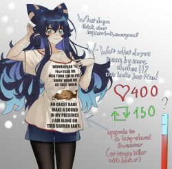 1girl ? blue_bow blue_eyes blue_hair blue_skirt bow breasts catfish cleavage closed_mouth clothes_writing commentary cowboy_shot debt english_commentary english_text fish gradient_background hair_bow highres hisou_tensoku large_breasts like_and_retweet long_hair looking_at_viewer meme namazu_(touhou) pantyhose reverse_strip_game shirt short_sleeves skirt smile solo standing tomatolover16 touhou twitter_strip_game white_background white_shirt women_want_me_fish_fear_me_(meme) yorigami_shion