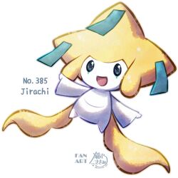 :d absurdres character_name commentary_request full_body gen_3_pokemon happy highres jirachi legendary_pokemon mythical_pokemon nintendo no_humans open_mouth pokedex_number pokemon pokemon_(creature) pokemon_focus sasami_642 signature smile solo white_background