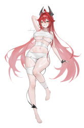 Rule 34 | 1girl, absurdres, alternate costume, antenna hair, arm behind head, bandages, black gloves, black horns, breasts, demon tail, double-parted bangs, eoboong, fingerless gloves, full body, gloves, goddess of victory: nikke, grin, hair between eyes, hair flaps, highres, horns, large breasts, long hair, looking at viewer, mummy costume, naked bandage, navel, red hair, red hood (nikke), signature, simple background, smile, solo, tail, underboob, very long hair, white background, yellow eyes