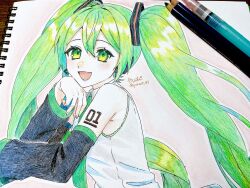 Rule 34 | 1girl, :d, art tools in frame, ballpoint pen (medium), bare shoulders, black sleeves, blush, collared shirt, detached sleeves, frilled shirt, frills, from side, green eyes, green hair, green necktie, hair between eyes, hair ornament, hatching (texture), hatsune miku, headphones, highres, linear hatching, long hair, long sleeves, looking at viewer, necktie, notebook, number tattoo, open mouth, pen (medium), photo (medium), sakuhana87, shirt, sidelocks, signature, sleeveless, sleeveless shirt, smile, solo, tattoo, traditional media, twintails, twitter username, upper body, very long hair, vocaloid, watercolor pencil (medium), white shirt