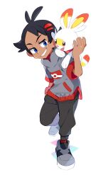 1boy black_hair blue_eyes gen_8_pokemon goh_(pokemon) grin highres male_focus nintendo open_mouth orange_eyes pokemon pokemon_(anime) pokemon_journeys sami_briggs scorbunny smile solo standing