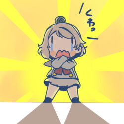 1girl black_socks blue_eyes blush_stickers bow bowtie buttons chibi chibi_only commentary_request crossed_arms detached_hair double-breasted full_body grey_hair grey_sailor_collar grey_skirt hair_bun long_sleeves love_live! love_live!_sunshine!! miniskirt pleated_skirt red_bow red_bowtie sailor_collar school_uniform shinanoya_(satanicad) shirt short_hair single_hair_bun skirt socks standing translation_request tsushima_yoshiko uranohoshi_school_uniform watanabe_you wavy_mouth white_shirt winter_uniform yellow_background |_|