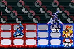 1boy 2others absurdres arm_blade armarouge armor battle blade_arm blue_bodysuit blue_fire blue_footwear blue_gloves blue_helmet bodysuit boots ceruledge colored_skin commentary crotch_plate damage_numbers dewndeym english_commentary fake_screenshot fiery_hair fighting_stance fire full_body gloves grid helmet highres male_focus mega_man_(series) mega_man_battle_network_(series) megaman.exe multicolored_hair multiple_others netnavi nintendo opposing_sides parody pauldrons pixel_art poke_ball_symbol pokemon pokemon_(creature) purple_armor purple_eyes purple_fire purple_helmet red_skin short_hair shoulder_armor spiked_hair sprite standing style_parody tiles weapon yellow_armor