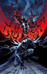 2girls artist_collaboration bat_(animal) batman batman_(series) black_cape black_mask bodystocking bodysuit cape chain crossover dc_comics grey_bodysuit highres j._scott_campbell looking_at_viewer multiple_girls sabine_rich signature spawn_(comic) spawn_(spawn) squatting