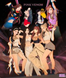4girls artist_name black_boots black_hair blackpink blonde_hair blunt_bangs boots brown_hair commentary earrings full_body half_updo highres jennie_(blackpink) jewelry jisoo_(blackpink) k-pop lisa_(blackpink) looking_at_viewer multiple_girls necklace one_eye_closed outstretched_arm pink_lips real_life richydraws rose_(blackpink) skirt song_name twintails