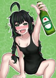 1girl 2024 absurdres alcohol black_hair black_shirt blush bottle bottomless braid drunk elf elfinpsyop fangs green_hair heineken highres indie_virtual_youtuber open_mouth pointy_ears rubyraion shirt solo twin_braids virtual_youtuber