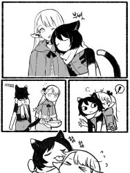 ! &gt;_&lt; animal_ears back_bow bow bowl bumping capelet cat_ears cat_girl cat_tail cheek_press chibi closed_eyes crop_top dungeon_meshi elf flying_sweatdrops frs2 greyscale hair_down hair_ribbon highres holding holding_bowl hood hood_down hooded_capelet izutsumi leaning_on_person licking licking_another&#039;s_hair long_hair looking_at_another looking_back marcille_donato messy_hair midriff miniskirt monochrome nuzzle one_eye_closed pointy_ears ponytail ribbon scarf short_hair sideways_glance skirt spoken_exclamation_mark tail tail_wrap tongue tongue_out walking x_x