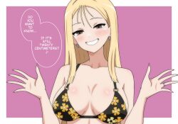 1girl absurdres bikini black_bikini border breasts brown_eyes cleavage collarbone cowboy_shot dani_(angrymatthew) ear_piercing english_text floral_print_bikini flower gyaru hair_between_eyes highres kitagawa_marin large_breasts long_bangs long_hair looking_at_viewer outside_border piercing pink_background pink_nails smile solo sono_bisque_doll_wa_koi_wo_suru speech_bubble standing swimsuit teeth white_border yellow_flower