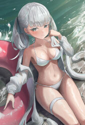 1girl absurdres bare_shoulders bikini braid breasts collarbone colored_eyelashes commentary dacha00001 from_above hand_up highres jinhsi_(wuthering_waves) long_hair looking_at_viewer low_twin_braids medium_breasts mole mole_on_cheek navel off_shoulder outdoors parted_lips shirt shore sitting solo stomach swim_ring swimsuit thigh_strap twin_braids very_long_hair white_bikini white_eyelashes white_eyes white_shirt wuthering_waves
