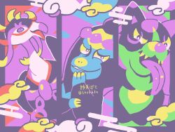 3boys :3 animal_ears animal_focus bird colored_sclera dog_ears fezandipiti full_body grin legendary_pokemon looking_at_viewer multiple_boys munkidori nintendo no_humans okidogi pokemon pokemon_(creature) smile smug tikokuda twitter_username wings yellow_sclera