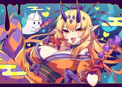 1girl absurdres argyle_clothes argyle_thighhighs black_border blue_background blush border breasts dango egasumi food ghost gloves gradient_background gradient_hair heart highres holding holding_food horns japanese_clothes kimono kozakura_(dictionary) large_breasts long_hair looking_at_viewer mitarashi_dango multicolored_hair orange_hair orange_kimono orange_thighhighs purple_thighhighs puzzle_&amp;_dragons red_gloves saliva shiranaki_(p&amp;d) shoulder_tattoo sidelocks silk solo spider_hair_ornament spider_web tattoo thick_eyebrows thighhighs triangular_headpiece wagashi yellow_eyes