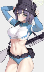 1girl absurdres arms_up belt bikini bikini_bottom_only black_hat blue_archive blush breasts bucket_hat commentary cowboy_shot gun_sling halo hat highres holding holding_behind_back holding_weapon_behind_back lahti-saloranta_m/26 large_breasts linea_alba looking_at_viewer navel official_alternate_costume purple_hair raglan_sleeves rash_guard saki_(blue_archive) saki_(swimsuit)_(blue_archive) simple_background solo stomach stone_(ksorede) swimsuit underboob utility_belt weapon weapon_on_back wet wet_face wet_hair