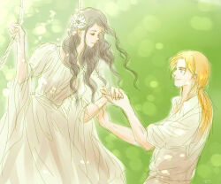 1boy 1girl black_hair blonde_hair closed_eyes collar dress earendil elf elwing_(silmarillion) eyelashes floating_hair flower hair_flower hair_ornament holding_hands long_hair looking_at_another mintkim outdoors pointy_ears pontytail swing the_silmarillion tolkien&#039;s_legendarium white_dress wing_collar
