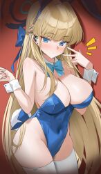 1girl absurdres animal_ear_hairband animal_ears blonde_hair blue_archive blue_bow blue_bowtie blue_eyes blue_halo blue_leotard bow bowtie breasts cleavage cunaja fake_animal_ears hairband halo hands_up highres large_breasts leotard long_hair looking_at_viewer orange_background playboy_bunny rabbit_ear_hairband rabbit_ears rabbit_tail solo tail thighhighs toki_(blue_archive) toki_(bunny)_(blue_archive) very_long_hair w white_thighhighs wrist_cuffs