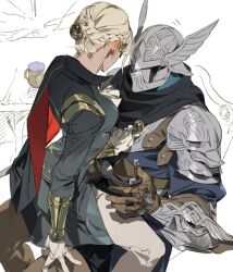 1boy 1girl armor ascot blindfold blonde_hair braid brother_and_sister duchess_(elden_ring) elden_ring elden_ring_nightreign eye_mask full_armor genichiro_cute girl_on_top hat_over_eyes helmet pauldrons shoulder_armor siblings sitting sitting_on_person white_ascot winged_helmet wylder_(elden_ring)