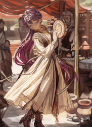 1boy 1girl 3others absurdres blue_eyes boots breasts closed_mouth commentary commission day dress english_commentary hair_ornament hairband high_heel_boots high_heels highres holding holding_instrument instrument jar jewelry kiosk long_hair long_sleeves looking_at_viewer multiple_others original outdoors purple_hair small_breasts solipsist standing tambourine vase white_dress