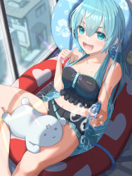 1girl 1other alternate_costume alternate_hairstyle aqua_eyes aqua_hair bikini bikini_skirt black_bikini black_skirt blush breasts collarbone hair_between_eyes hat hatsune_miku holding holding_water_gun long_hair looking_at_viewer lying_on_lap medium_breasts navel number_tattoo open_mouth pleated_skirt skirt stomach swim_ring swimsuit tattoo thighs very_long_hair vocaloid water_gun wet yukichi_(yu-ame)