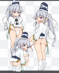 1girl ass blue_eyes blue_headwear blue_skirt cameltoe closed_mouth fireworks fundoshi grey_hair hat highres holding holding_fireworks japanese_clothes kariginu long_hair mononobe_no_futo multiple_views open_mouth pom_pom_(clothes) ponytail senkou_hanabi skirt socks sparkler tate_eboshi touhou turnip_kabura white_socks