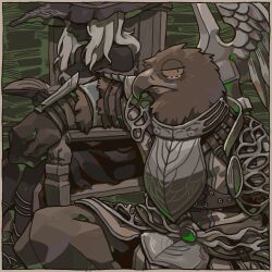 1boy 1girl animal_head arm_guards armor beak bird_boy breastplate dark-skinned_female dark_skin elden_ring elden_ring_nightreign furry furry_male grey_hair guardian_(elden_ring) hat highres long_hair looking_at_viewer recluse_(elden_ring) shoulder_armor vetiver