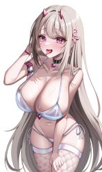 1girl absurdres arm_belt belt bikini blush breasts brown_hair cleavage collarbone commentary fishnet_thighhighs fishnets goddess_of_victory:_nikke hair_ornament heart_collar highres huge_breasts long_hair looking_at_viewer navel open_mouth pink_belt pink_eyes saliva simple_background siru smile snake_hair_ornament solo stomach swimsuit thighhighs thighs tongue tongue_out viper_(nikke) white_background white_bikini white_thighhighs
