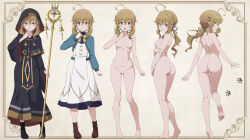 Rule 34 | 1girl, ass, barefoot, black hood, black robe, black shoes, blue jacket, border, bow, bowtie, breasts, brown eyes, brown hair, brown shoes, commentary request, dress, expressionless, feet, from behind, full body, gloves, hand up, highres, holding, holding staff, jacket, kneepits, long hair, long sleeves, looking at viewer, mage staff, medium breasts, monica everett, multiple views, nanikairu, navel, no nipples, no pussy, nude, ornate border, paid reward available, parted lips, robe, shoes, silent witch, simple background, soles, staff, standing, toes, white dress, white gloves, wide sleeves, yellow background, yellow bow, yellow bowtie, zenra