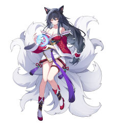 Rule 34 | 1girl, absurdres, ahri (league of legends), animal ears, black hair, blush, boots, breasts, cleavage, commentary, detached sleeves, dress, fox ears, fox girl, fox tail, full body, highres, kitsune, kyuubi, large breasts, league of legends, long hair, looking at viewer, multiple tails, off-shoulder dress, off shoulder, orb, pelicana, red dress, revision, simple background, smile, solo, tail, very long hair, white background, white boots, yellow eyes