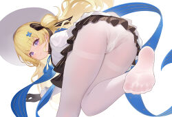 1girl ass blonde_hair cameltoe feet hat long_hair looking_at_viewer no_shoes panties panties_under_pantyhose pantyhose phoebe_(wuthering_waves) purple_eyes soles solo ukiii underwear white_pantyhose wuthering_waves