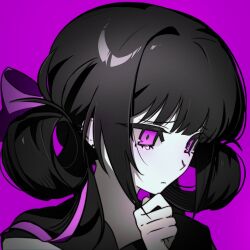 Rule 34 | 1girl, black hair, black shirt, closed mouth, colored skin, double bun, eungo, from side, hair bun, hair rings, hand on own chin, hand up, limited palette, looking down, medium hair, multicolored hair, original, pink hair, portrait, purple background, raised inner eyebrows, sad, shirt, simple background, solo, streaked hair, tearing up, tsurime, two-tone hair, white skin