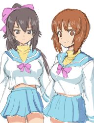 Rule 34 | 2girls, blue sailor collar, blue skirt, breasts, brown eyes, brown hair, girls und panzer, hair between eyes, kin-san (sasuraiga), long hair, long sleeves, looking at viewer, miniskirt, multiple girls, nishizumi maho, nishizumi miho, pink ribbon, ponytail, ribbon, sailor collar, school uniform, short hair, siblings, sisters, skirt, sweater, yellow sweater