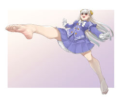 1girl barefoot blush border bow capcom_fighting_jam eiji_(eiji) feet foreshortening gloves hairpods highres ingrid_(capcom) leg_up miniskirt open_mouth purple_shirt purple_skirt red_eyes shirt skirt solo street_fighter street_fighter_zero_(series) white_border white_bow white_gloves white_hair