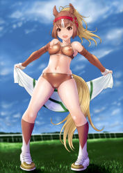 10s 1girl animal_ears arm_warmers armpits breasts brown_eyes brown_hair brown_socks brown_sports_bra buruma chestnut_thoroughbred_(kemono_friends) cloud covered_erect_nipples day female_focus female_pubic_hair full_body highres holding horse_ears horse_girl horse_tail japan_racing_association kemono_friends kneehighs legs long_hair marubonman navel nipples open_mouth outdoors outstretched_arms ponytail pubic_hair pussy race_track see-through_clothes see-through_sports_bra shoes sky smile socks solo sports_bikini sports_bra sportswear standing sweat tail towel wet wet_clothes white_socks